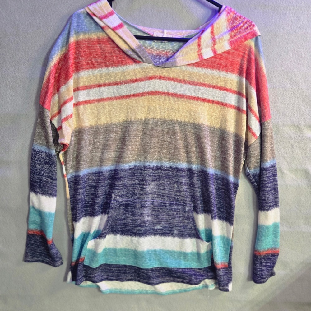 Ember Womens Large Multi-Color Striped Lightweight Knit Hoodie Kangaroo Pocket